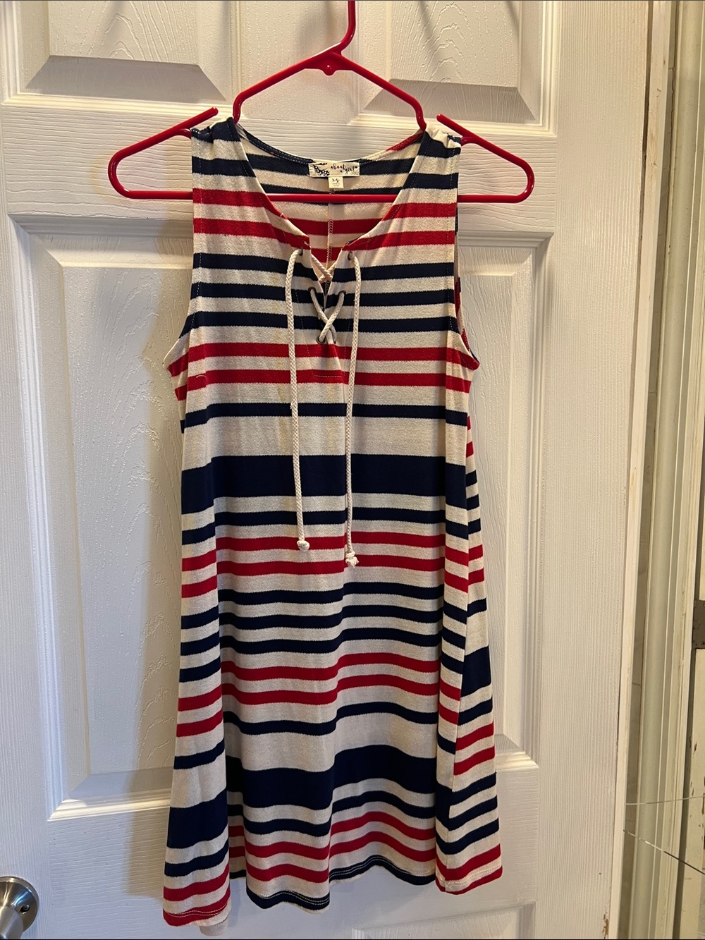 About A Girl Red, Navy & White Striped Tie Front Midi Dress